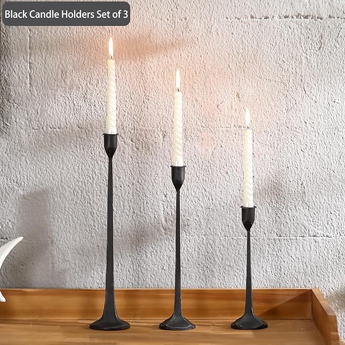 Black Taper Candle Holders Set of 3, Heavy Candlesticks Holders Decorative Candle Stand for Table Centerpiece, Cast Iron Candle Stick Holder Decor