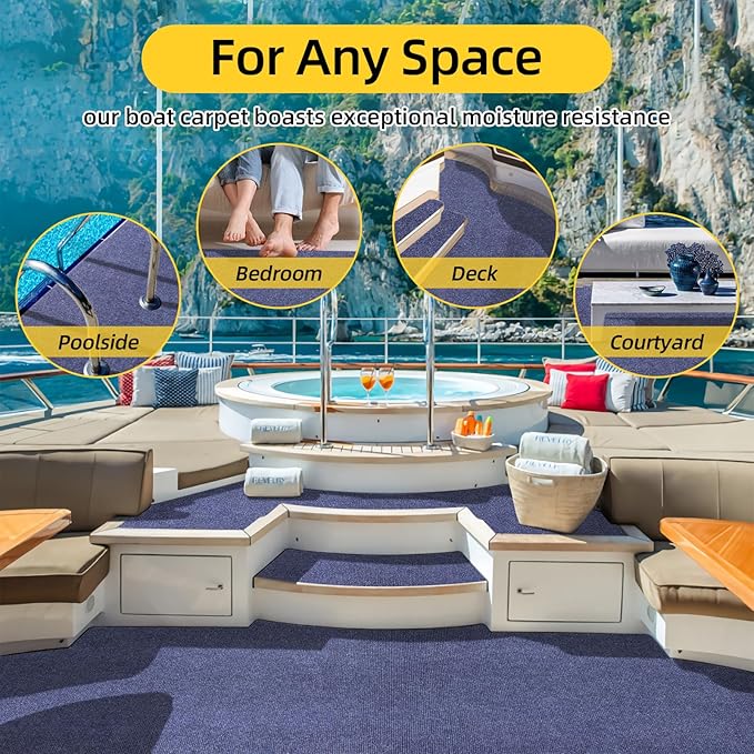 Marine Carpet,5 FT x 25 FT Deep Blue Indoor Outdoor Carpet 0.2" Thick Boat Carpet with Water-Proof TPE Backing, Non-Slide Outdoor Marine Carpet Roll for Home, Patio, Porch, Deck