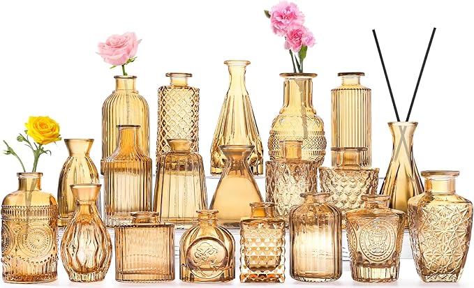 20 Pcs Amber Gold Glass Bud Vases- Set Amber Gold Small Vases for Flowers, Vintage Flower Cute Glass in Bulk for Centerpieces Rustic Decorative Wedding Table Home