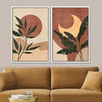 SIGNFORD Framed Canvas Print Wall Art Set Sun & Moon Mid-Century Desert Plants Abstract Shapes Illustration Modern Art Decorative Nordic Nature for Living Room, Bedroom, Office - 24"x36"x2 White