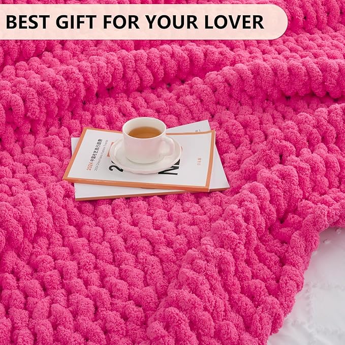 L'AGRATY Chunky Knit Blanket Throw: 50''x60'' Chenille Chunky Knitted Throw Blanket for Bed Couch - Handmade Thick Big Cable Knit Blankets - Large Crochet Rope Blanket for Home Decor(Hot Pink)