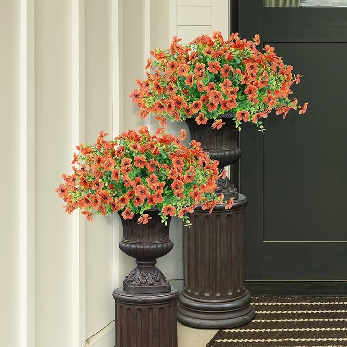 10 Bundles Artificial Faux Flowers for Outdoor,10Pcs Fake Flowers for Home Decor,Plastic Flowers Shrubs Lifelike Artificial Greenery Home Porch Stems Outside Deco(Orange)