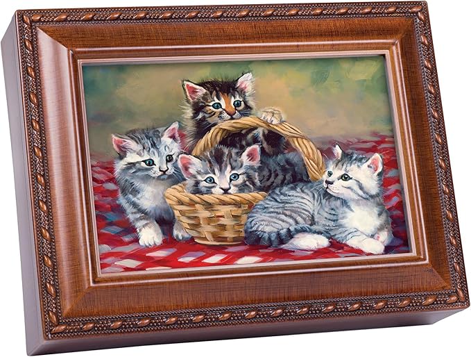 Cottage Garden Cats Grey Brown Kittens in Basket Woodgrain Rope Trim Music Box Plays You are My Sunshine