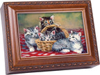 Cottage Garden Cats Grey Brown Kittens in Basket Woodgrain Rope Trim Music Box Plays You are My Sunshine