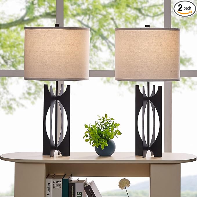 Industrial Table Lamps Set of 2 Black 26” 3-Way Bedside Lamp with White Linen Shade Metal Nightstand Lamp for Living Room Bedroom Dining Room End Table(JC-5-2PK-BK)