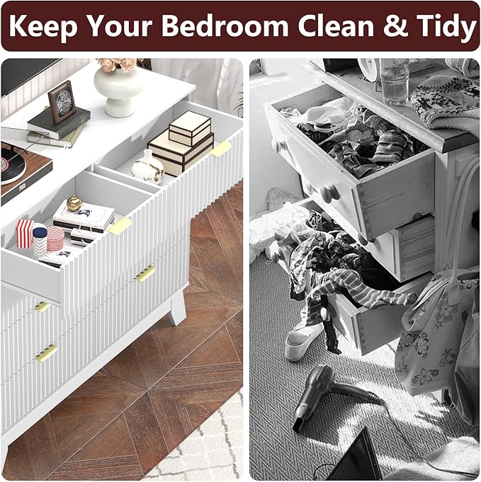 Fluted Dresser for Bedroom,8 Drawer Dresser for Closet,Storage Cabinet and Chest of Drawers with Gold Handle,TV Stand,Storage Organizer for Living Room,Hallway,Entryway,White