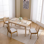 Mid Century Dining Chairs Set of 4, Accent Rattan Linen Fabric Side Chairs Kitchen Chair with Solid Wooden Legs for Living Room Dining Room, Beige