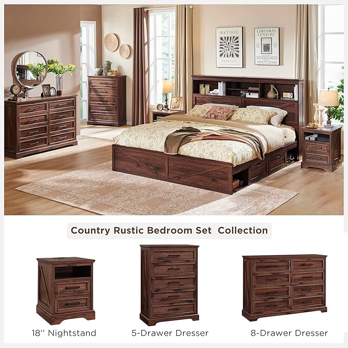 ACCOHOHO 18" Farmhouse Nightstand with Charging Station,End Table with 2 Drawers Storage,Side Table,Bedside Cabinet for Bedroom,Living Room,Brown