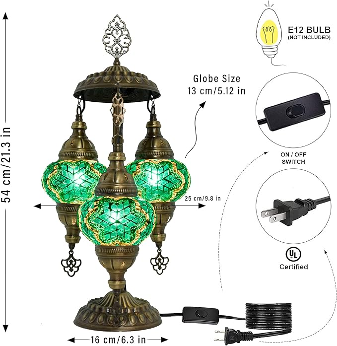 Mozaist Turkish Mosaic Lamp – 3 Globe Tiffany Table Light with Bulb (Turquoise Green)