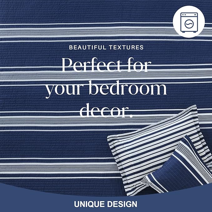 Y-PLWOMEN Quilt King Size - 100% Cotton King Size Bedspread, Navy Blue Striped Quilt for King Bed, Lightweight Reversible All Season, 3-Piece