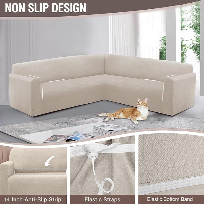 HDCAXKJ Sectional Couch Cover L Shape Stretch Sofa Covers Washable Jacquard Corner Couch Slipcover Non Slip Sectional Slip Cover U Shaped Furniture Protector for Pets Dogs (Natural, Small)