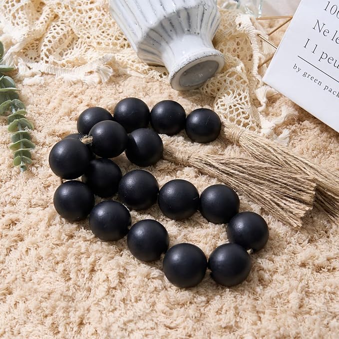 OMISHE Extra Large Wood Bead Garland Black with 1.6" Diameter Wooden Beads and Tassels, 41" Long Rustic Farmhouse Country Decorative Beads for Home Tiered Tray Decor, Black