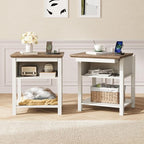 Rresyet Sliding Side Table Set of 2 with Charging Station & 2-Tier Storage,Farmhouse End Table, Wooden Nightstand for Bedroom & Living Room,White