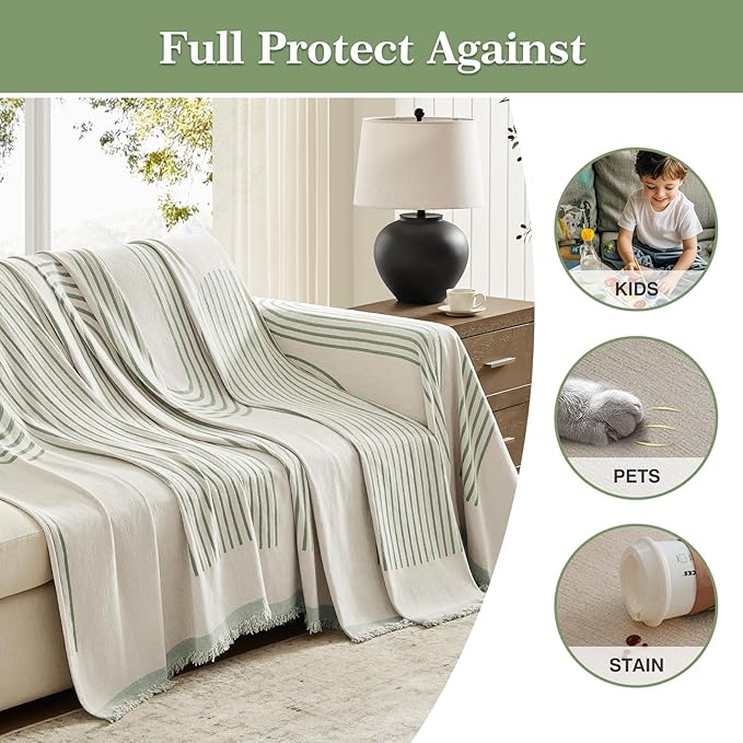 Boho Couch Cover Washable Sectional Couch Covers for Dogs Reversible Sofa Slipcover for 2 or 3 Cushion Couch Pet Friendly Furniture Protector (3# Sage Green, 91" x 118")