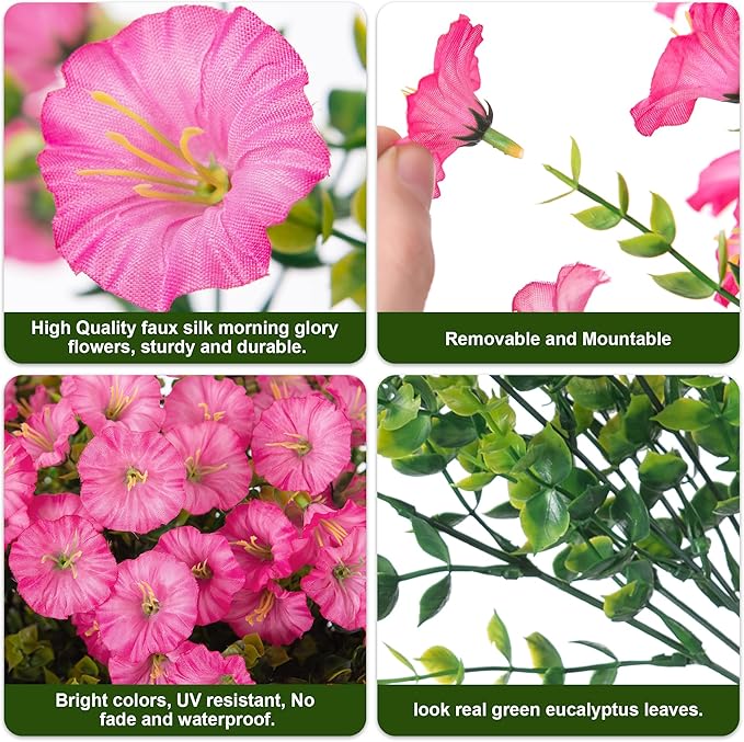 HyeFlora Artificial Flowers for Outdoors Fake Plants Outside Decoration, 12 Bundles Silk Pink Morning Glory with Eucalyptus UV Resistant Look Real Faux Flowers for Planter Front Door Yard Gardens Home