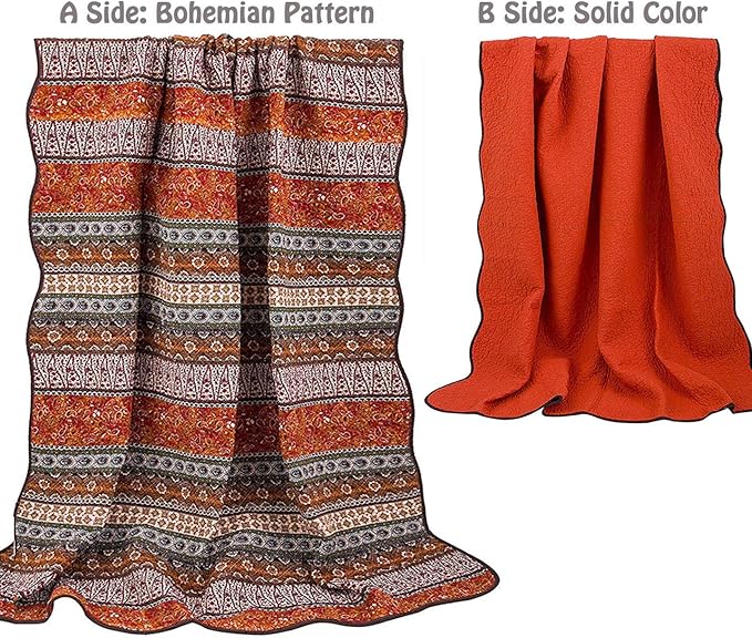 Cozyholy Boho Quilt Twin Size 100% Cotton Quilted Blanket Colorful Bohemian Striped Bedspread Coverlet Reversible Lightweight Stitch Vintage Bed Cover Throw Blanket for Couch Sofa Orange