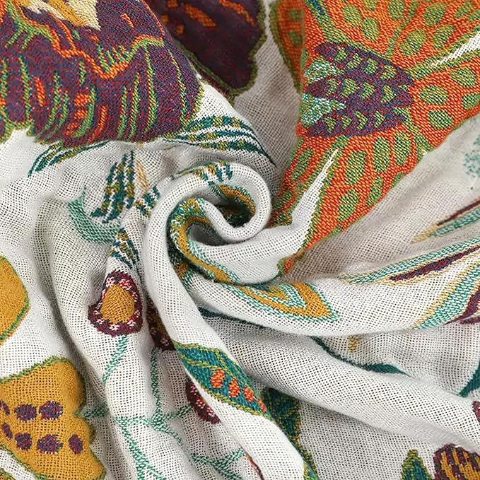 Boho Throw Blanket for Couch Sofa Bed, 100% Cotton Woven Quilt with Tassel 80”x90”, Super Soft Muslin Blanket with Floral Printed, Decorative Reversible Bed Blanket/Cover for All Seasons