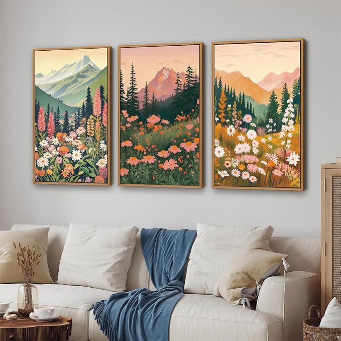 Tinonedraw Colorful Nature Flowers Framed Canvas Wall Art Set, Boho Blue Ridge Mountain Wall Decor,Floral Forest Scenery Artwork, Modern Wildflower Blossom Landscape Art Prints for Living Room Bedroom Office 16"x24"x3