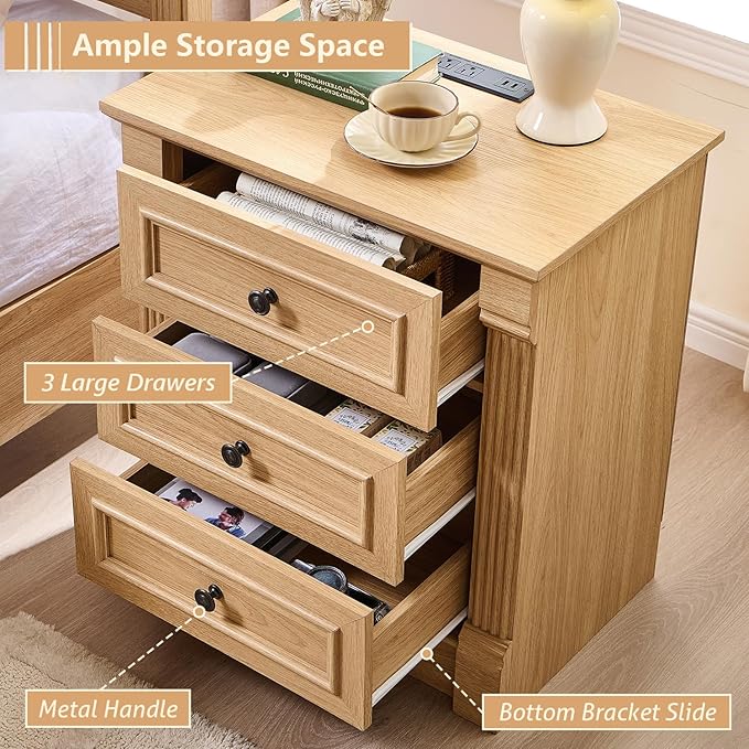 26" Tall Nightstand with Charging Station, Farmhouse 23.6" Wide Large End Table w/Roman Column, Wood Rustic Side Table w/Metal Handle, 3 Drawers Dresser for Bedroom, Living Room, Natrual