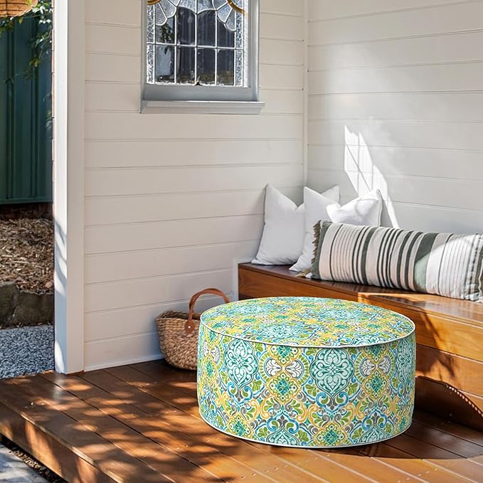 Inflatable Ottoman Stool D31 xH14 for Outdoor/Indoor Use, Water Repellent Patio Foot Rest Stool with Portable Handle,Round Pouf Ottoman Suitable for Garden,Deck and Camping - Damask Green