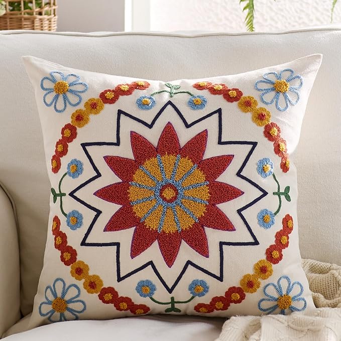Embroidered Throw Pillow Cover 22x22 Classic Boho Floral Pattern Pillows Cover Outdoor Decorative Pillowcase,Durable Cozy Textured Cushion Case for Sofa Couch Bed Living Room,Orange