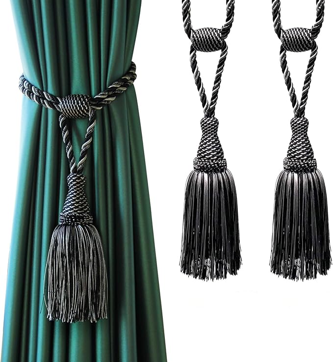 Fenghuangwu Curtain Tiebacks Handmade Elegant Curtain Tie Backs Holdbacks with Tassel for Home Office Decor 2 Pack - Black