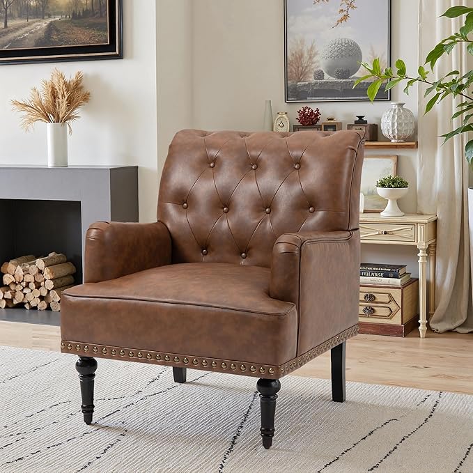 UIXE PU Leather Accent Chair, Modern Upholstered Armchair for Living Room, Comfy Arm Chair Single Sofa Reading Seat with Wooden Legs for Office Home Bedroom - Brown