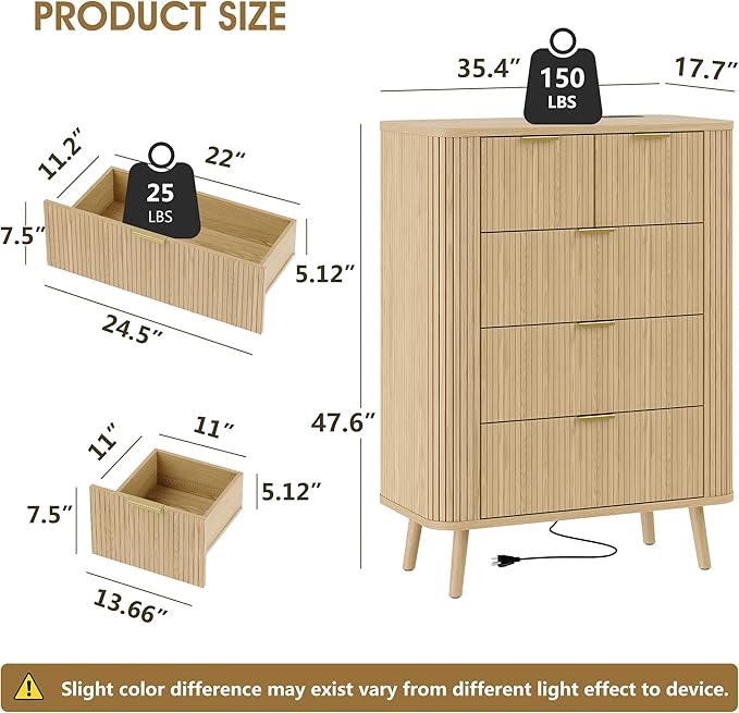 Alohappy Fluted 5 Drawers Dresser for Bedroom, 48" Tall Mid Century Modern Chest of Drawers with Curved Profile Design, Wood Storage Dressers for Closet Bedroom, Living Room, Hallway, Entryway