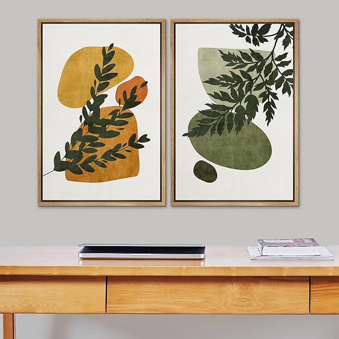 SIGNFORD Framed Canvas Print Wall Art Set Mid-Century Forest Fern Leaf Collage Abstract Shapes Illustration Modern Art Decorative Nordic Nature for Living Room, Bedroom, Office - 16"x24"x2 Natural