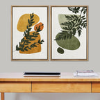SIGNFORD Framed Canvas Print Wall Art Set Mid-Century Forest Fern Leaf Collage Abstract Shapes Illustration Modern Art Decorative Nordic Nature for Living Room, Bedroom, Office - 16"x24"x2 Natural