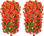 Artificial Fake Fall Hanging Flowers Plants for Outdoor Outside, 2 PCS Faux Silk Orange Morning Glory Trailing Vines Look Real UV Resistant for Autumn Porch Planter Patio Decor