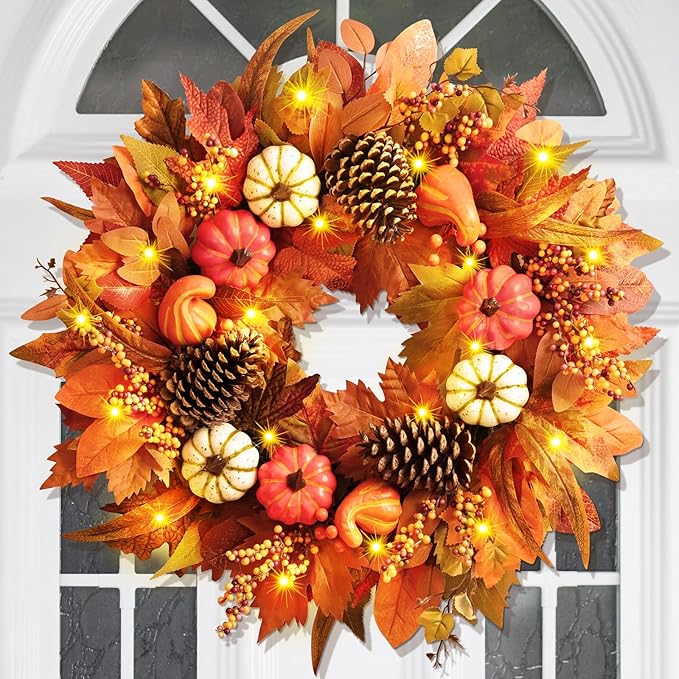 Fall Decor - Fall Wreaths for Front Door Outside, 20 Inch Fall Door Wreath, Handcrafted Autumn Wreath with Colorful Pumpkins Maple Leaves, Fall Decorations for Home Front Door Porch Thanksgiving Decor