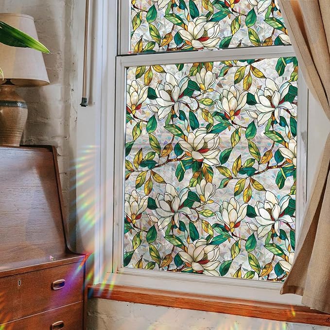 Window Film, Stained Glass Window Privacy Film, Rainbow White Flowers Double Sided Non-Adhesive Window Cling Stickers for Home Office Living Room Glass Windows Door Decor 16.93 x 39.37 Inch