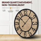 Large Wall Clock for Living Room Decor, Non Ticking Silent, Battery Operated Modern Vintage Wood Wall Clock Oversized Decorative Wall Clock for Bedroom Kitchen Farmhouse Office Decor
