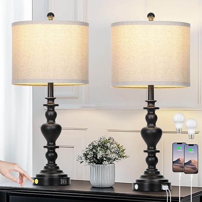 27" Farmhouse Vintage Lamps Set of 2 with USB C+A Charging Ports, Black Rustic Touch Control Table Lamp for Living Room, 3-Way Dimmable Traditional Nightstand Bedside Lamp Linen Washed for Bedroom