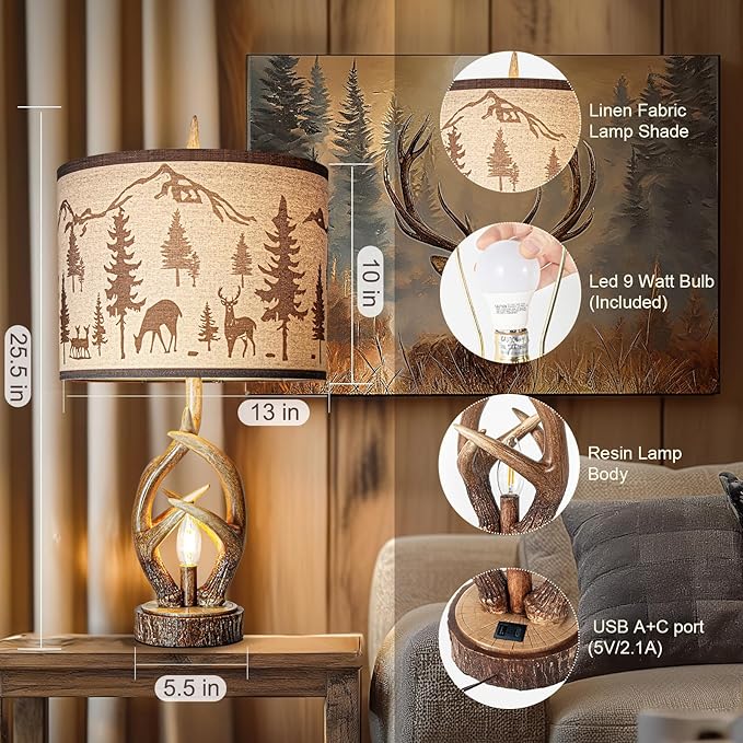 Scenekoy Antlers Style Table Lamp Set of 2 Rustic Bedside Lamp with Night Light Linen Fabric Shade Farmhouse Nightstand Lamps Decor for Living Room Bedroom House Home Office (Bulb Included)