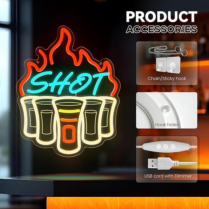 Shot Neon Sign, Bar Neon Signs for Wall Decor, Dimmable Acrylic Neon Lights for Home Bar Pub Club Bistro Man Cave Restaurant Party Decorations Gift