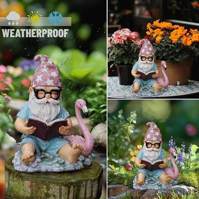 Gnome Statue Garden Decor, Resin Gnome and Flamingo Figurines Outdoor Decorations for Yard Art Porch Lawn Ornaments, Unique Housewarming Gifts