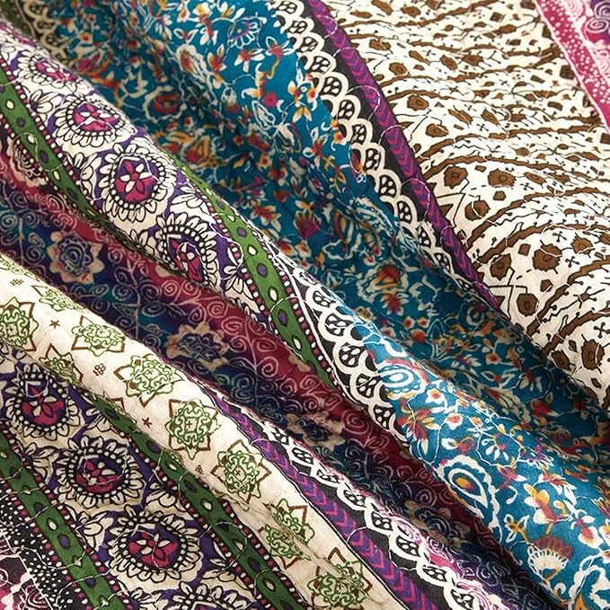 Cozyholy Boho Quilt Twin Size 100% Cotton Quilted Blanket Colorful Bohemian Striped Bedspread Coverlet Reversible Lightweight Stitch Vintage Bed Cover Throw Blanket for Couch Sofa Blue