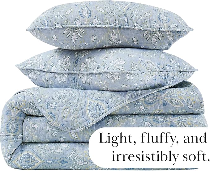Southshore Fine Living, Inc. Boho Quilt Set, Lightweight Bedspread, Summer Coverlet, 3-Piece Paisley Bedding Set with Two Matching Pillow Shams, California/King Quilts, Blue Paisley