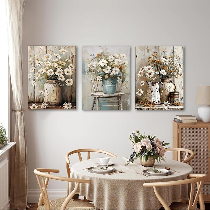 DUWQU 3 PCS Elegant Farmhouse Canvas Wall Art, Vintage Floral Pictures Art Wall Decor, Nature Themed Daisy Art Prints for Living Room Bedroom Kitchen and Office Ready to Hang 12×16 Inches