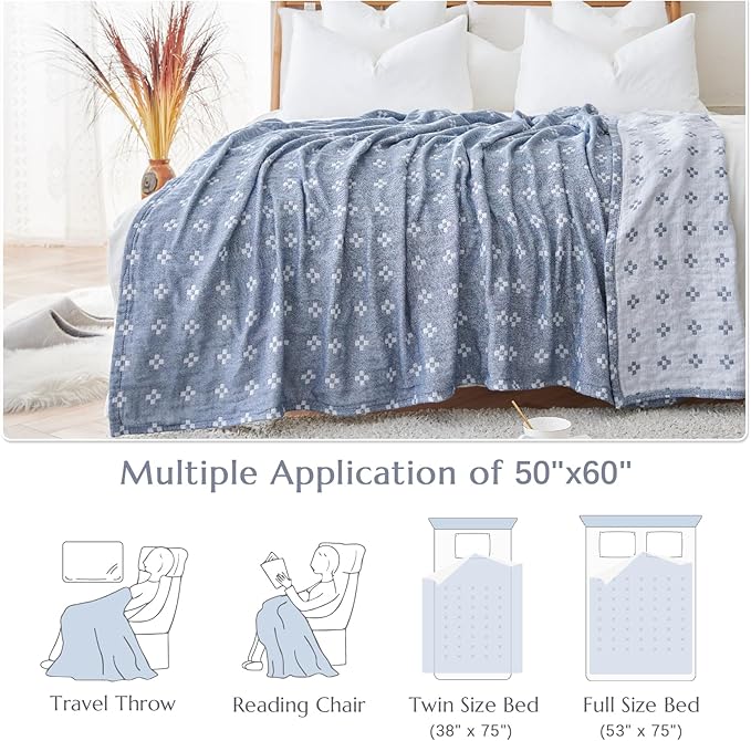 jinchan Boho 100% Cotton Blanket Muslin 50x60 Inches Lightweight 3-Layer Geometric Cross Pattern Reversible Quilt Throw Soft Breathable Comfy All Seasons for Couch Bed Decor, Blue