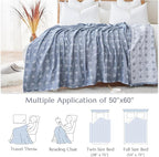 jinchan Boho 100% Cotton Blanket Muslin 50x60 Inches Lightweight 3-Layer Geometric Cross Pattern Reversible Quilt Throw Soft Breathable Comfy All Seasons for Couch Bed Decor, Blue