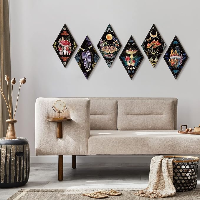 Sintuff 6 Pieces Halloween Gothic Wall Decor Boho Sun Moon Phases Wall Art Gothic Minimalist Stars Sun Hanging Wooden Home Decor Farmhouse Pediments for Gallery Living Bedroom Room(Mushroom)