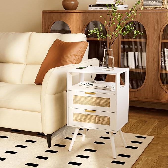 Rattan Nightstand with Charging Station,Farmhouse Bedside Table with 2 Storage Drawer and Open Wood Shelf, for Bedroom and Small Spaces,Night Stand with Solid Wood Legs (White-Outlet)