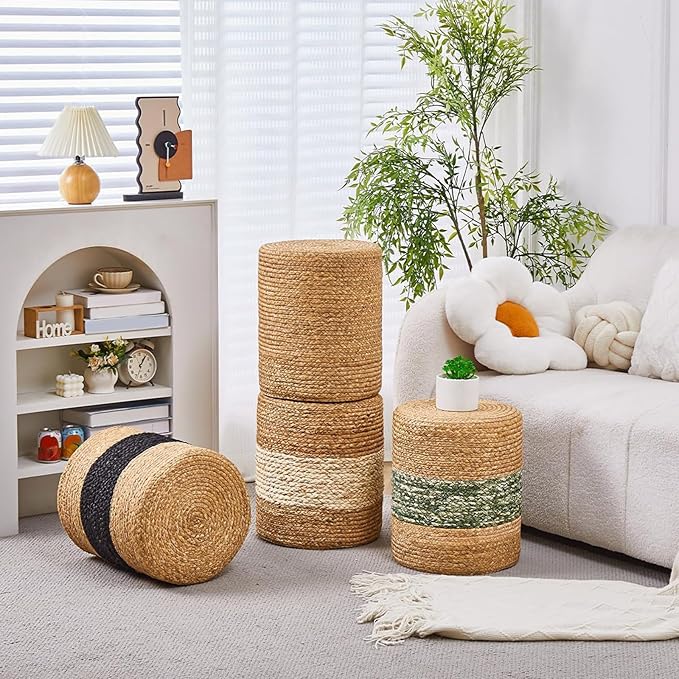 Wimarsbon Round Pouf Ottoman with Wood Frame, Handwoven Natural Water Hyacinth Seagrass Pouffe,Outdoor Rattan Stool Accent Seat, Bohemian Coastal Home Decor (14inch Natural Water Hyacinth)