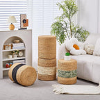 Wimarsbon Round Pouf Ottoman with Wood Frame, Handwoven Natural Water Hyacinth Seagrass Pouffe,Outdoor Rattan Stool Accent Seat, Bohemian Coastal Home Decor (14inch Natural Water Hyacinth)