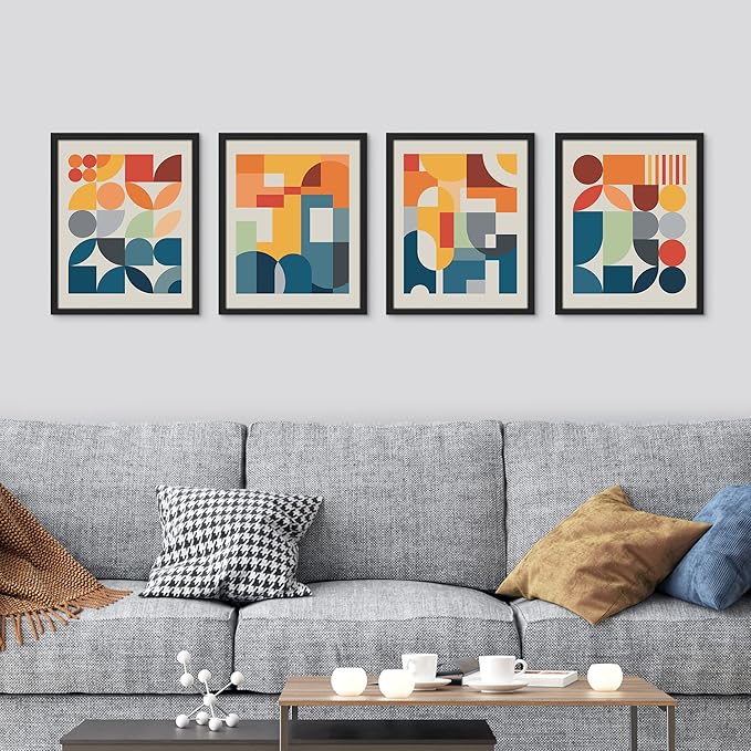 SIGNWIN Framed Mid-Century Modern Colorful Geometric Polygons Wall Art, Set of 4 Abstract Geometric Wall Decor Prints, Nature Wilderness Wall Décor for Living Room, Bedroom - 11"x14" Black