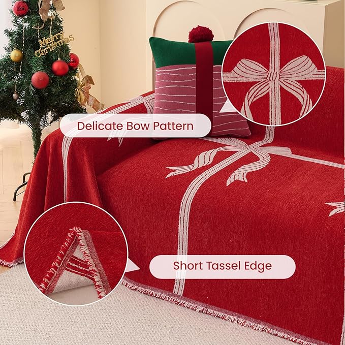 Chenille Armchair Sofa Slipcover Washable Furniture Protector Recliner Couch Cover 1-Piece Cushion Stain Resistant Chair Cover Soft Breathable Couch Cover Blanket, Red Bow 71"x 134"