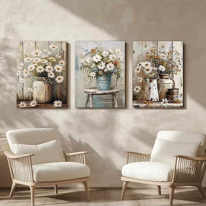 DUWQU 3 PCS Elegant Farmhouse Canvas Wall Art, Vintage Floral Pictures Art Wall Decor, Nature Themed Daisy Art Prints for Living Room Bedroom Kitchen and Office Ready to Hang 12×16 Inches